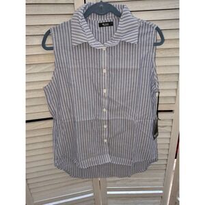 Michael Lauren Womens Blue White Striped Sleeveless Button Down Shirt High Low S